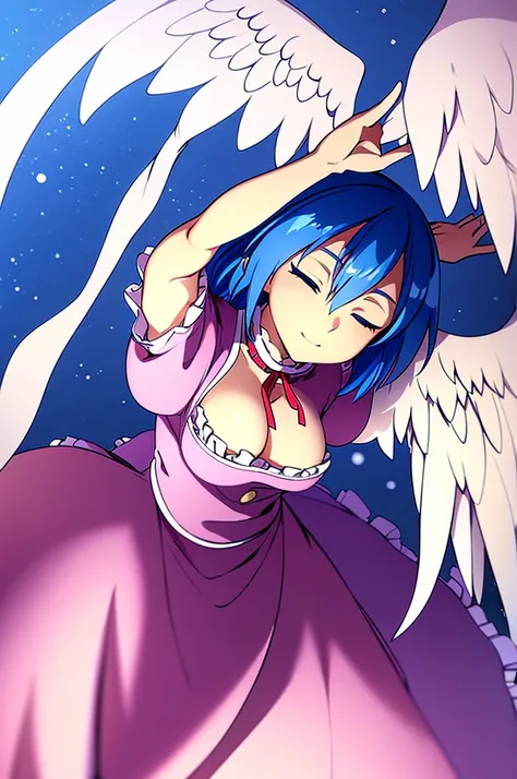 masterpiece, best quality, 1girl, , , 10 years old, medium blue hair, hair flaps, pink ribbon on head, well-formed face, blue eyes, angel girl, white blouse, puffy short sleeves, red ribbon, angel wings, long white skirt, red shoes, frills, ribbon head, fr...