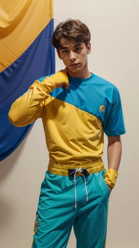 A young man, he has a purple Belt with yellow circles details, he has a dark blue and cyan t-shirt with a green and yellow jumpsuit with blue flowers details on the jumpsuit, he has a blue shorts with orange and an extra long , plus a blue and purple sneak...