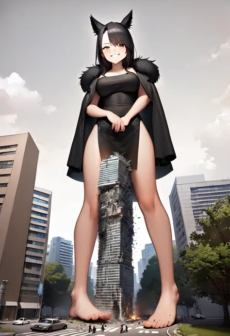 huge，adolescent，black fur，divide white, sarcastic smile，joke，a giant girl taller than a building., bare legs, bare feet, barefoo...