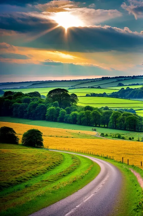 original landscape，sky and clouds，tyndall effect，a country road，colorful hot air balloon，tyndall effect，tyndall effect，high qual...