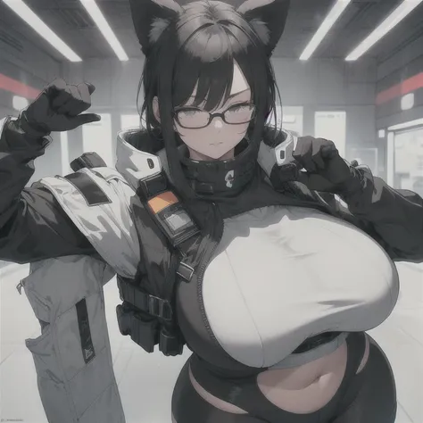 Absurd resolution,high resolution,(masterpiece: 1.4),hyper-detail,fullbody shot,head to toe,full frontal camera perspective,solo,shorter,standing,glasses,kemono feline cat futanari, puffy inverted nipple silhouette,no skin other than neck and head shown,wa...