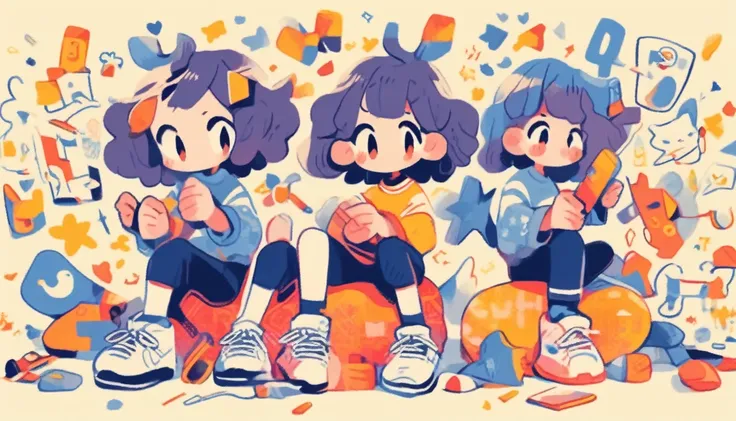 cartoon of 6 kids playing rock paper scissors, male and female, squat pose, 2 d gouache illustration, 2 d illustration, 2d illustration, official art, colorful kids book illustration, kids book illustration, inspired by Goro Fujita, promotional art, illust...