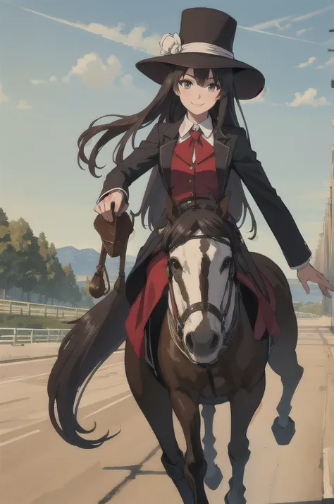 (masterpiece, Highest quality:1.2), alone, One girl, Big horse, smile, View your viewers, Hat Adjustment, Have, Horse&#39;s ears, White jacket, Ascot, Cape, One-handed gloves, White gloves, Shorts, Horse tail 