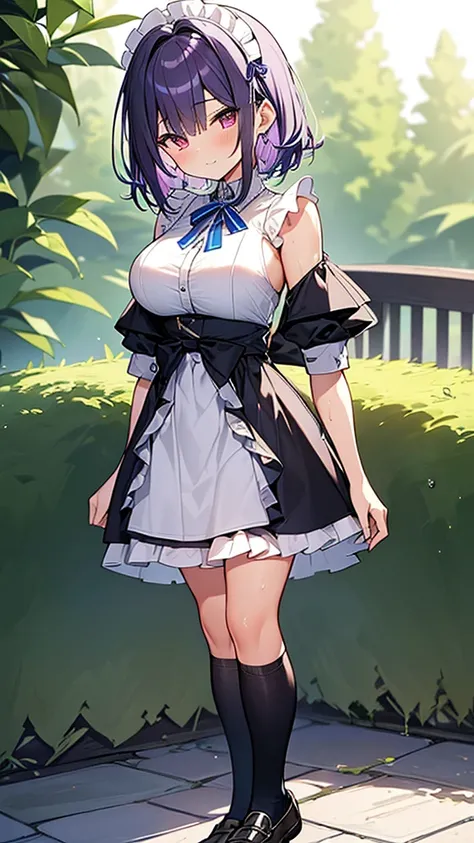 最high quality, high quality, Super detailed, 32k, Ultra-detailed details, Sister and maid, (only, Standing, pretty girl, beautiful purple hair, short hair, Beautiful RED eyes, mature, Big Breasts, A light smile, Off-the-shoulder sleeveless Summer メイド服, Sum...