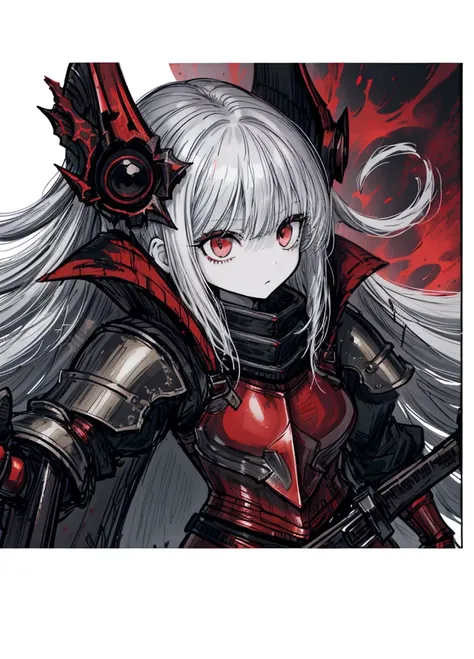 1girl, pale skin, grey hair, dwarf, warrior, red armor, nice clothes, (high resolution, high detail, best quality), 
black background, giant axe,