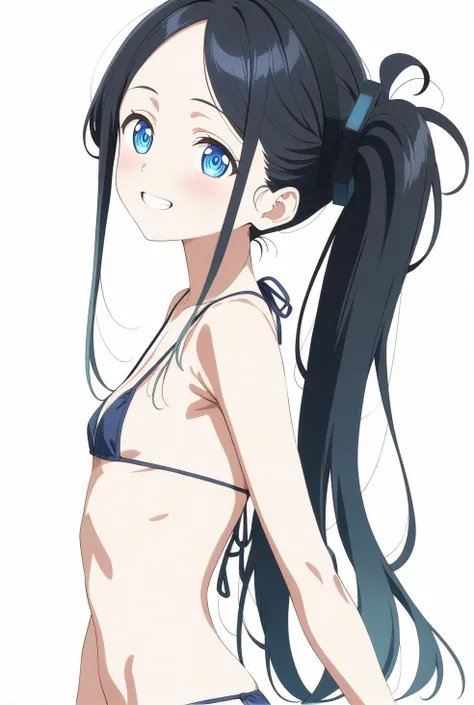 best quality, amazing quality, very aesthetic, absurdres, (1girl, aris (blue archive), blue archive, blue eyes, black hair, small breasts), (realistic face:0.9),(string bikini:1.8), (grin, blush, thigh:1.3), (cowboy shot), (glowing eyes), (half closed eyes...