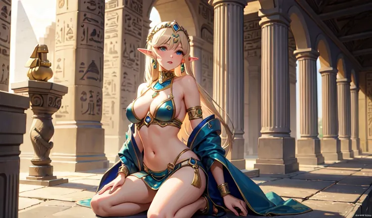 ((Highest quality)), ((masterpiece)), (detailed), 1 Elf Female, sexy,celtic costume,Egypt,pyramid,camel