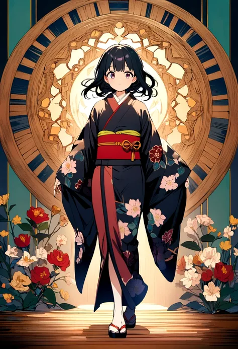 anime girl walking from behind, wearing a kimono, with black hair, and full body.