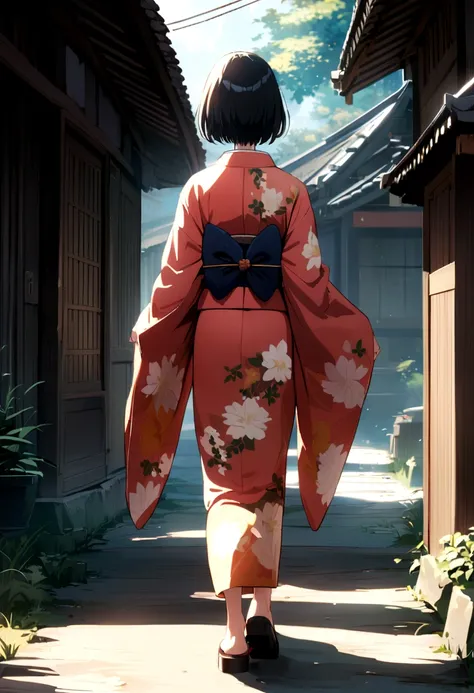 anime girl walking from behind, wearing a kimono, with black hair, and full body.