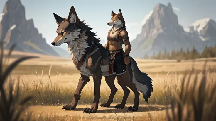 furry,male,anthropology(Prairie wolf),high quality,Correct structure,Brown fur,masterpiece,Depth of Field,Standing,black shorts,Full body portrait