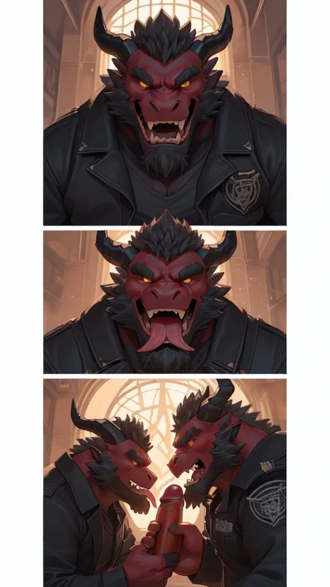 ((Um no, Pumped male demon with hairy dragon appearance and yellow eyes dawns with the (red skinned) e um corpo humanóide com feições feias que mostra sua força Intimidating Enforcera cheia de luxúria e malícia mostrando sua língua preta e dentes afiados b...