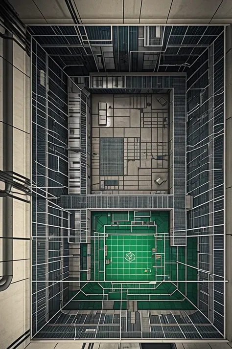 dnd grid map. Underground floor 1 of a research laboratory. Underground research laboratory subfloor 1. Laboratory, post containment breach.  Seen from above. Clinical facility 