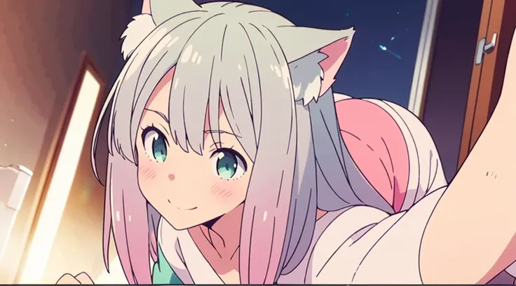 interior,hospital,A girl, alone, green eyes, gray fur, Hair ornaments, hits, Youtuber Virtual, shine, blunt hits, double explosion, animal ears, Lens flare, flat chest,pink nurse uniform,blush, (See your viewers), SMILE, 