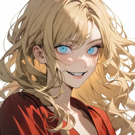 1 girl in chainsaw man style, long and wavy hair, blondie hair, blue colored eyes, redgown, Grinning, White background 