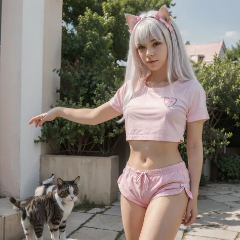 (Masterpiece, Best Quality:1.2), a cat girl, with white hair, with bangs,and with a pink bow and with a pink shirt and with blue shorts, and with a tail he is a cat