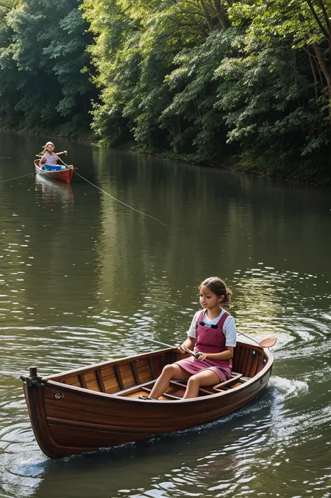 Create an illustration of a girl in a boat on a river in fishing line