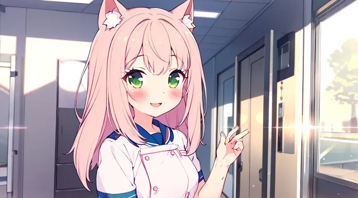 interior,hospital,A girl, alone, green eyes, gray fur, Hair ornaments, hits, Youtuber Virtual, shine, blunt hits, double explosion, animal ears, Lens flare, flat chest,pink nurse uniform,blush, (See your viewers), SMILE, 