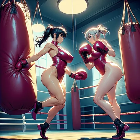 NSFW , VS Big penis , Fullbody shot , Female boxing, Wear leotard , So huge breasts.