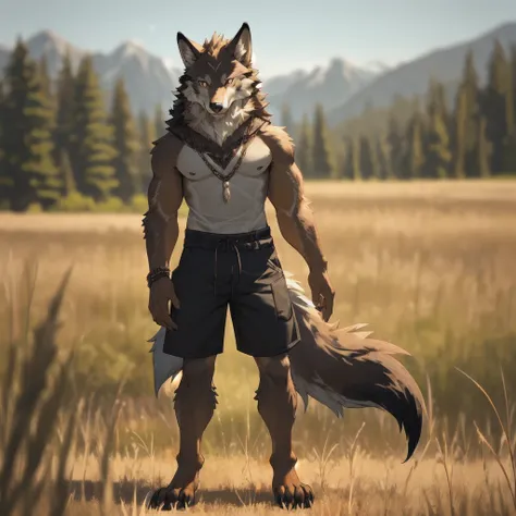 furry,male,anthropology(Prairie wolf),high quality,Correct structure,Brown fur,masterpiece,Depth of Field,Standing,black shorts,Full body portrait