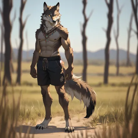 furry,male,anthropology(Prairie wolf),high quality,Correct structure,Brown fur,masterpiece,Depth of Field,Standing,black shorts,Full body portrait