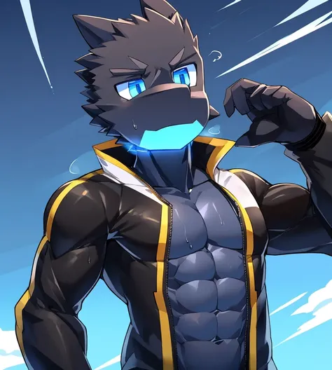 Thin macho　western black dragon　　abs　　　　　Hollow abs　　body suit　　thick arms　　　chest rig　　　、sweaty　　　skin glow　　profile　　Wearily　short of breath　　  　Chemo shota　　
have a 　blue eyes　Tired look jacket