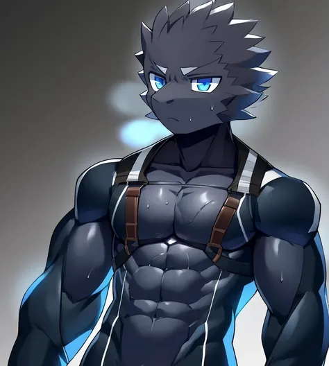 Thin macho　western black dragon　　abs　　　　　Hollow abs　　body suit　　thick arms　　　chest rig　　　、sweaty　　　skin glow　　profile　　Wearily　short of breath　　  　Chemo shota　　
have a 　blue eyes　Tired look jacket