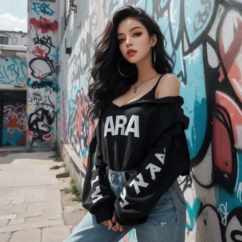 arafed woman standing in front of a graffiti wall, graffiti in the background, she is wearing "ARA" streetwear, hip hop style, woman in streetwear, graffiti in background, hiphop urban inspired, airbrush style, promo shoot, female streetwear blogger, photo...