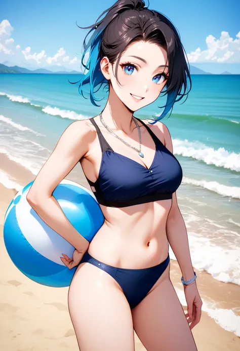 A young woman, 21-years-old, solo, Caucasian, black hair, cyan hair, gradient hair, multicolored hair, ponytail, two-tone hair, blue eyes, cheerful smile, lip parted, mature face, dark blue bikini top, dark blue bikini bottom, midriff, holding a beachball,...