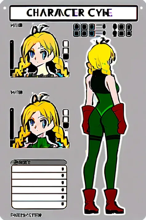 ((character sheet:1.7)), ((front view pose, side view, pose back view pose, turnaround)), concept, poses, 1girl, cammy white, twin braids, long hair, blonde hair, antenna hair, beret, blue eyes, scar on cheek, green leotard, large breasts, sleeveless, red ...