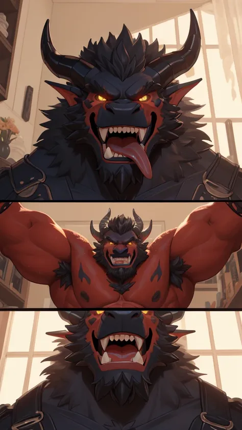 ((Um no, Pumped male demon with hairy dragon appearance and yellow eyes dawns with the (red skinned) e um corpo humanóide com feições feias que mostra sua força Intimidating Enforcera cheia de luxúria e malícia mostrando sua língua preta e dentes afiados b...