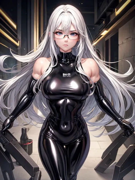 8k uhd of the highest quality、a muscular silver-haired beauty in glasses and a metallic black latex bodysuit poses with her legs...