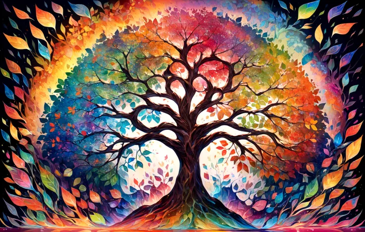 horizontal hyperrealistic tree colorful leaves, rainbow leaves,  painted in oil, Tree of Life,  abstract shapes