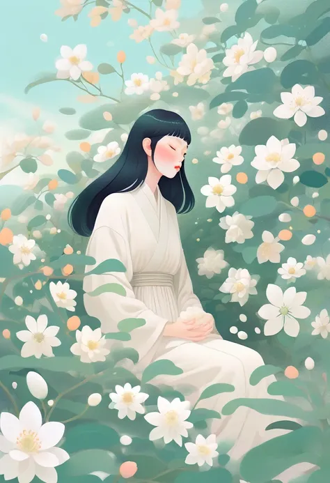 An illustration with soft tones and a dreamy feel。The characters in the picture are covered with a large number of small white flowers，Gives a hazy and mysterious visual effect。Soft space，Modern illustration elements。Tranquility、Pure atmosphere，Reminiscent...