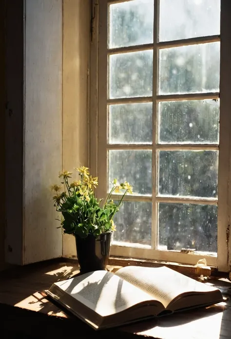 Photography，A window，A light，A desk，A book on the table，There are sun spots on the book