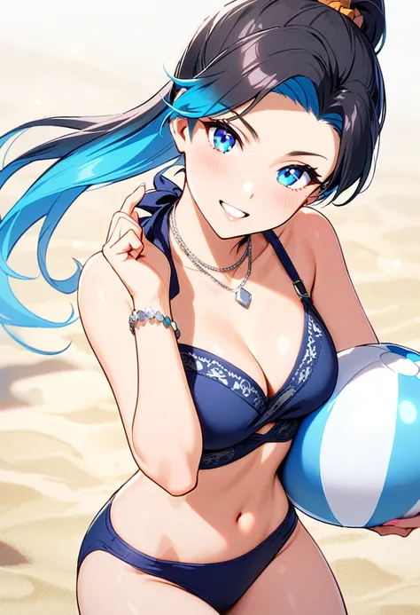 A young woman, 21-years-old, solo, Caucasian, black hair, cyan hair, gradient hair, multicolored hair, ponytail, two-tone hair, blue eyes, cheerful smile, lip parted, mature face, dark blue bikini top, dark blue bikini bottom, midriff, holding a beachball,...