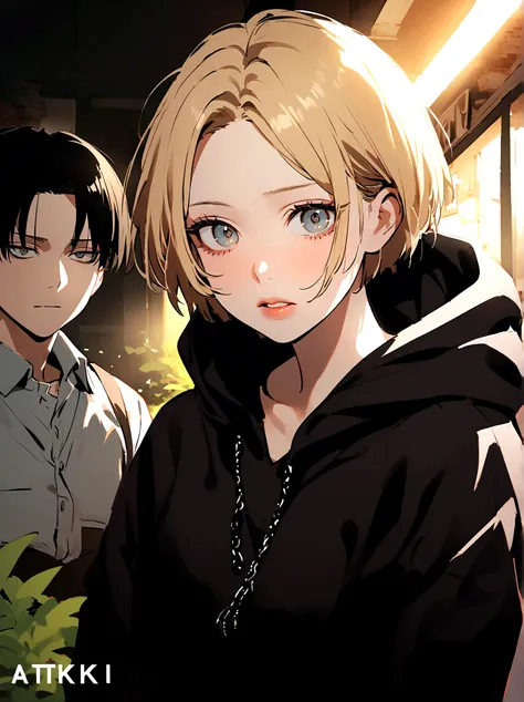 1 male,Levi Ackerman,Attack on Titan,A blonde girl with a bob haircut