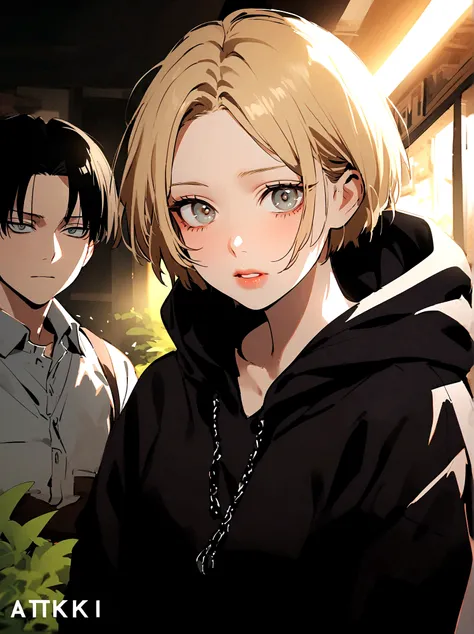 1 male,Levi Ackerman,Attack on Titan,A blonde girl with a bob haircut