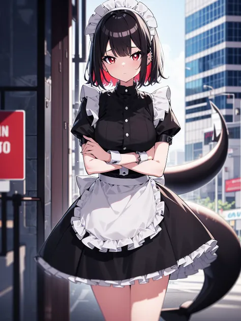 (cowboy shot), (ultra-high resolution, depth of field:1.2), Zenless Zone Zero, (Elen Joe:1.1),1woman, mature, black hair, short hair, inner color hair, (red eyes), medium breasts, crossed arms, maid dress, shark tail, maid apron, maid headdress, piercing, ...