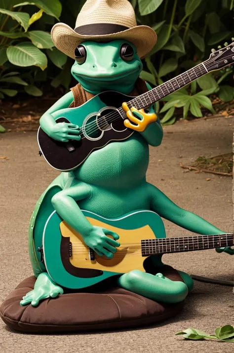 A frog playing guitar rubs off a platypus 