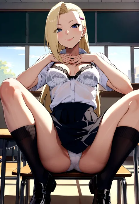 Yamanaka Ino, blond hair, teen, , White shirt, through blusa, lace bra, medium breasts, short black skirt, socks negras, spread legs, panties decorated with flowers, under skirt, black shoes, SMILE, perfect body, perfect legs, perfect arms, pose sexy, Clas...