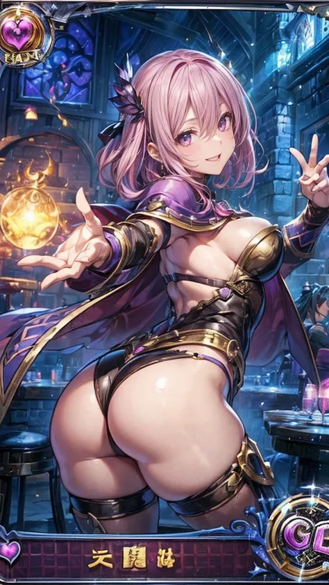 (1 Mature Alchemist,Age 35), ((Pub,guild)),(smile),Dynamic pose,Dynamic Angle,Pose for a photo,From below,Elderly woman、Trading Card Game Frames、Highest Rare、Five Fingers、Signature mark、Big Butt、Pink Hair、Alchemist、Spell Card、Cape、Perky ass