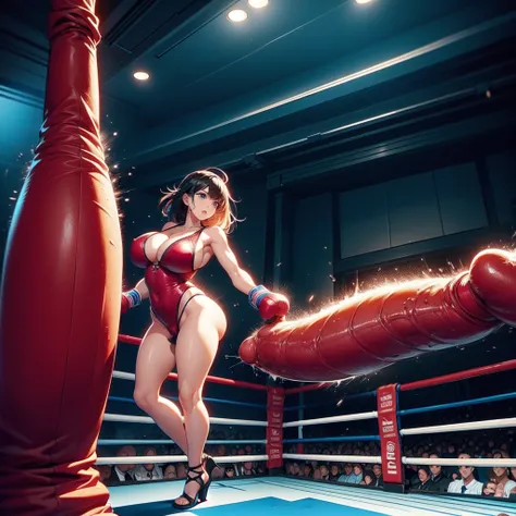 NSFW , VS Huge penis Monster growing from the floor , Penis is strong , Fullbody shot , Female boxing, Wear Monokini , So huge breasts.