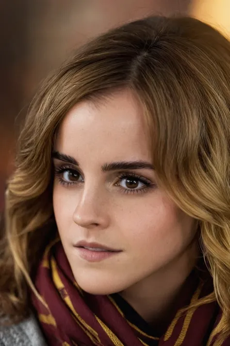 emma watson face partially obscured by a gryffindor scarf, highlighting her striking eyes. the focus is sharp on her eyes with a...