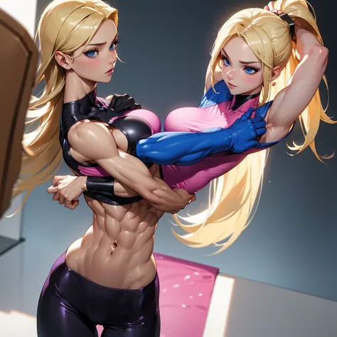 Make a muscular woman with strong abs and strong arms, broad shoulders, blonde hair and blue eyes using a pink blouse and black pants 