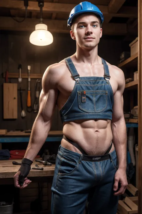 1boy, (Blue Eyes), happy smile,American boy,18 years old,young, thick body, slender, sport body build, child-like,White Teenage boy ,(best quality, highres:1.2), ultra-detailed, realistic:1.37, tools, blue overalls, dirty hands, a wrench, a screwdriver, a ...