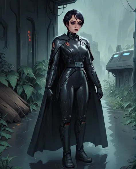 score_9,score_8_up,score_7_up,score_6_up, sabine wren ,,black hair, full body, wet, armor,gloves,black bodysuit,black cape,belt,...