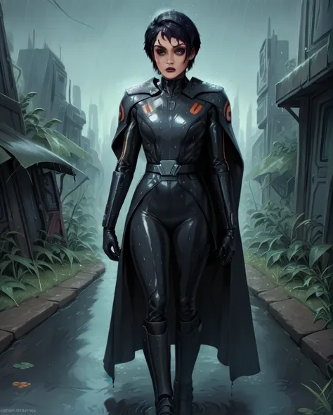 score_9,score_8_up,score_7_up,score_6_up, sabine wren ,,black hair, full body, wet, armor,gloves,black bodysuit,black cape,belt,...