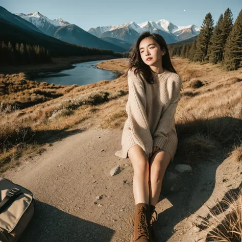 1 woman ((Upper part of the body selfie, happy)), Masterpiece, Best Quality, ultra detailed, Alone, outdoor, (evening), mountains, nature, (stars, officer) happy, happy, schoolbag, sleeping bag, camping stove, water bottle, Mountain boots, gloves, sweater,...