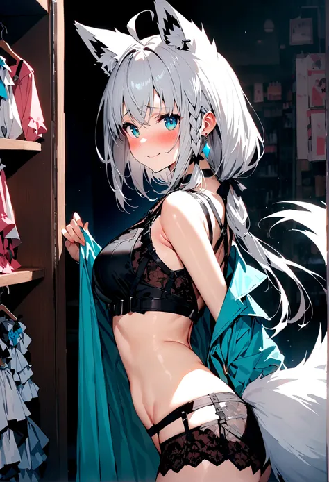 NSFW,masterpiece,Highest quality,High resolution,Super detailed,Shirakami Fubuki(Hololive),Gray Hair、One-sided braid、Ahoge、Earrings,Fox ears,Fox tail,Jacket,Crop top,(Low-rise hot pants),Body Harness,Embarrassed,blush,Expecting face,Seduce,smile,Lingerie S...