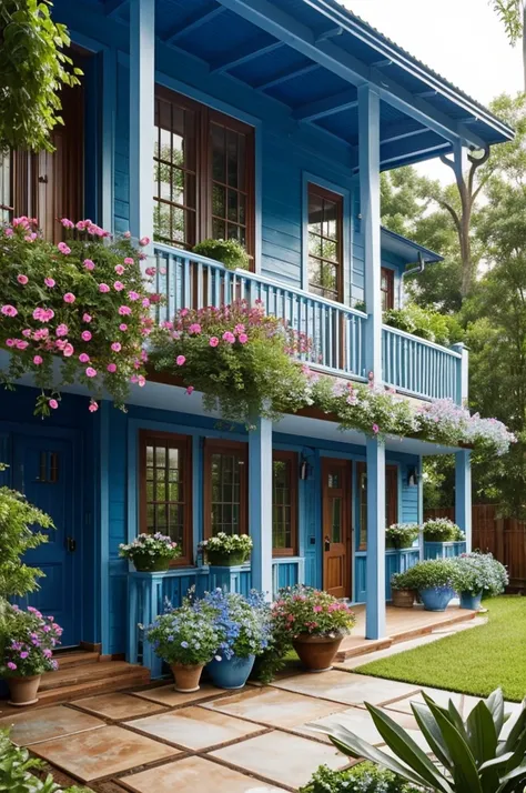 The porch of a house with blue wooden flooring and a set of plastic furniture. In the background, there is a brick house with a metal roof. Add more plants and flower decorations to make it cozier and fix the metal roof.